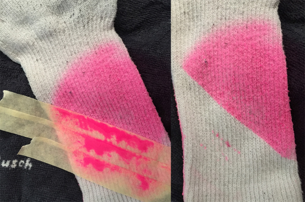 Testing the spray-dye on a sacrificial sock.